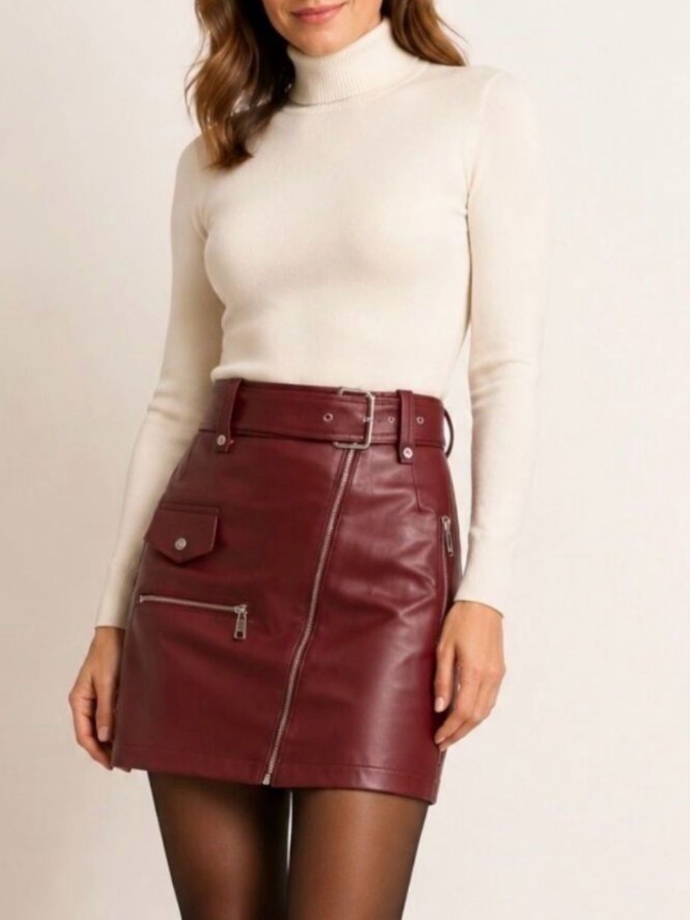 7 For All Mankind Burgundy Faux Leather Tailored Motto Mini Skirt